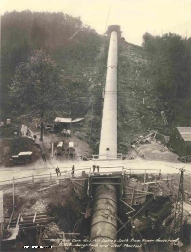 Historical 1927 photograph of the Candlewood Lake water supply pipe construction in Sherman, Connecticut.