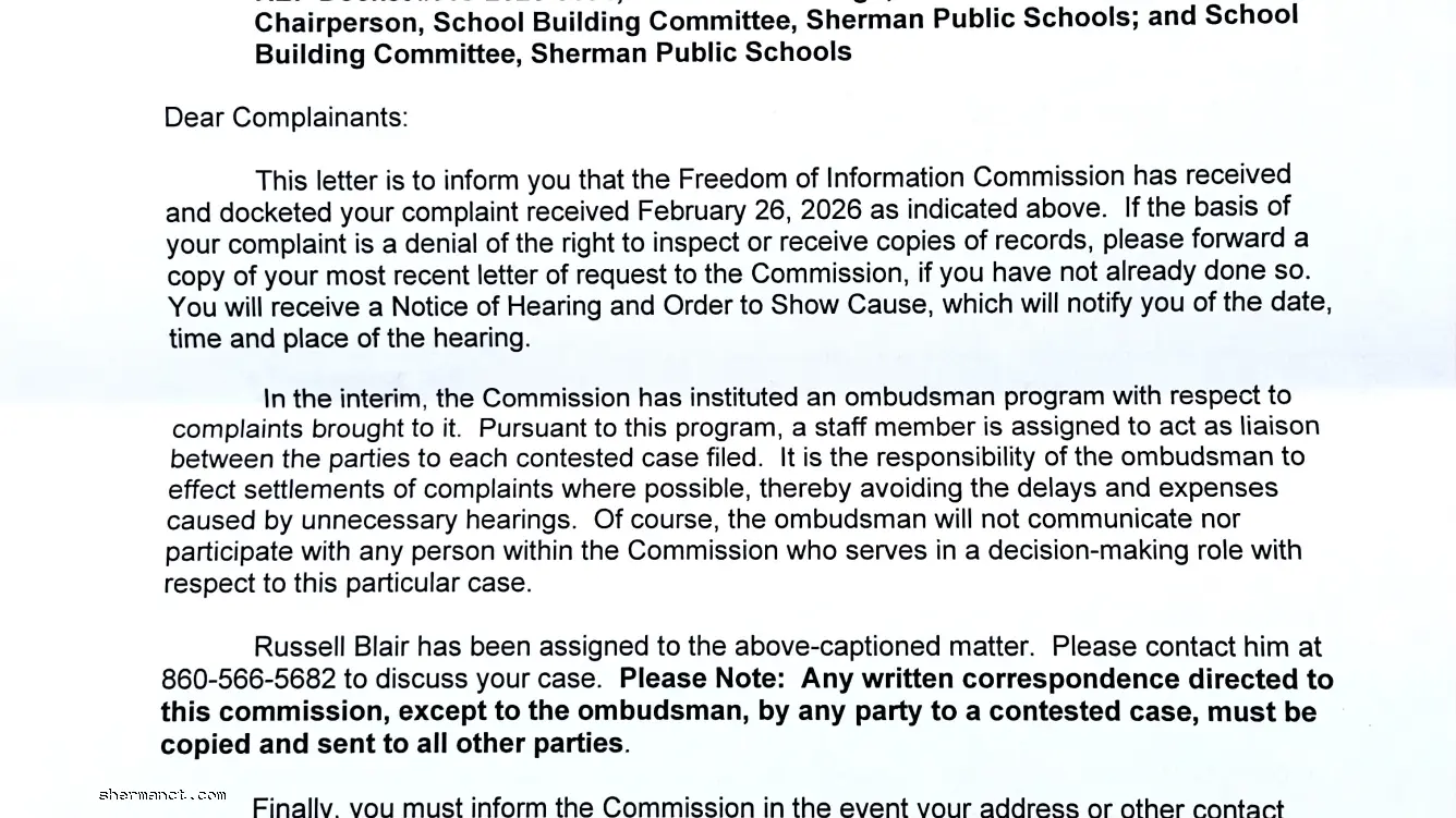<strong>Docket #FIC 2026-0184:</strong> The official state notice confirming the investigation into the Sherman School Building Committee.